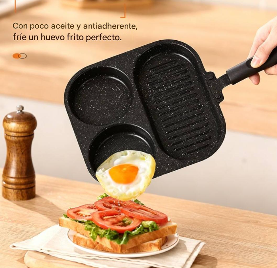 Sartén 3 en 1 de Hierro Fundido Antiadherente para Desayuno🍳🥩🥞