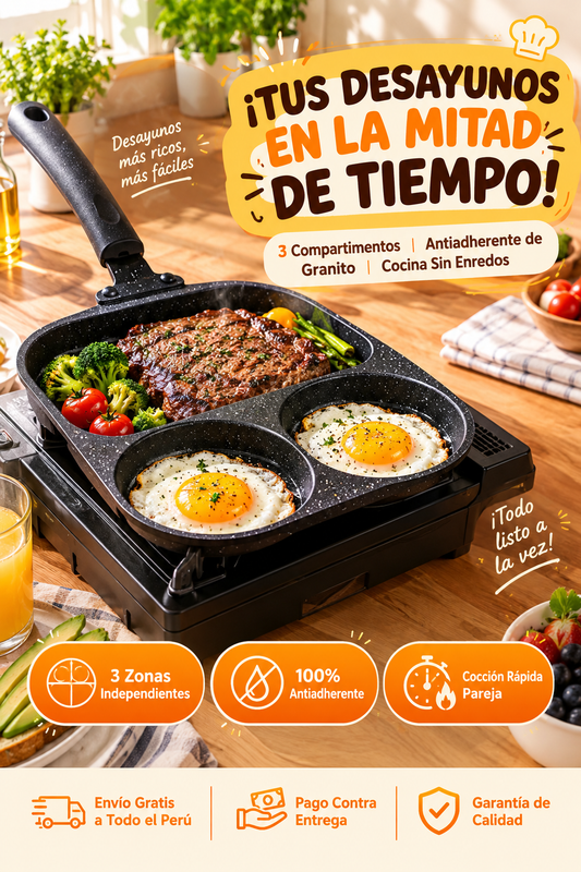 Sartén 3 en 1 de Hierro Fundido Antiadherente para Desayuno🍳🥩🥞