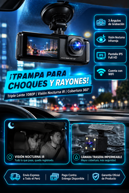 Cámara DVR Triple para Auto Full HD 1080P🚗🎥🛡️