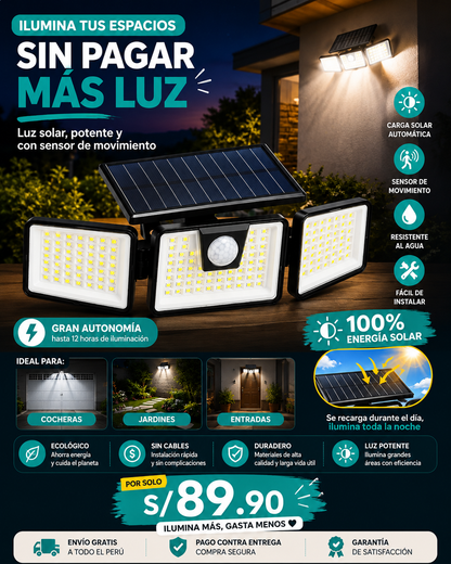 FALCON H9™ Reflector Solar LED 3 Cabezas con Sensor de Movimiento ☀️💡