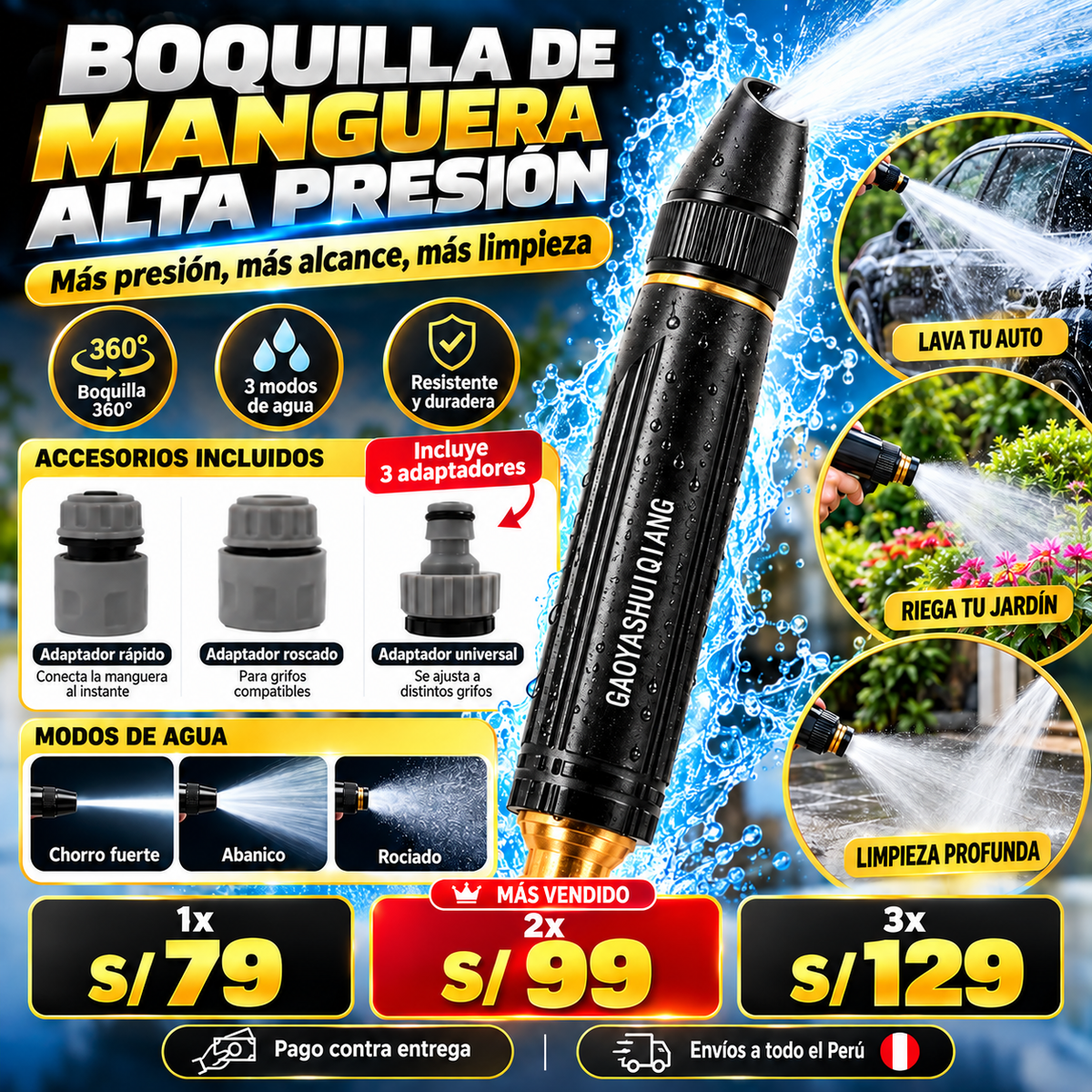 💦 Boquilla de Manguera de Alta Presión 3 en 1 | Más Potencia, Más Alcance