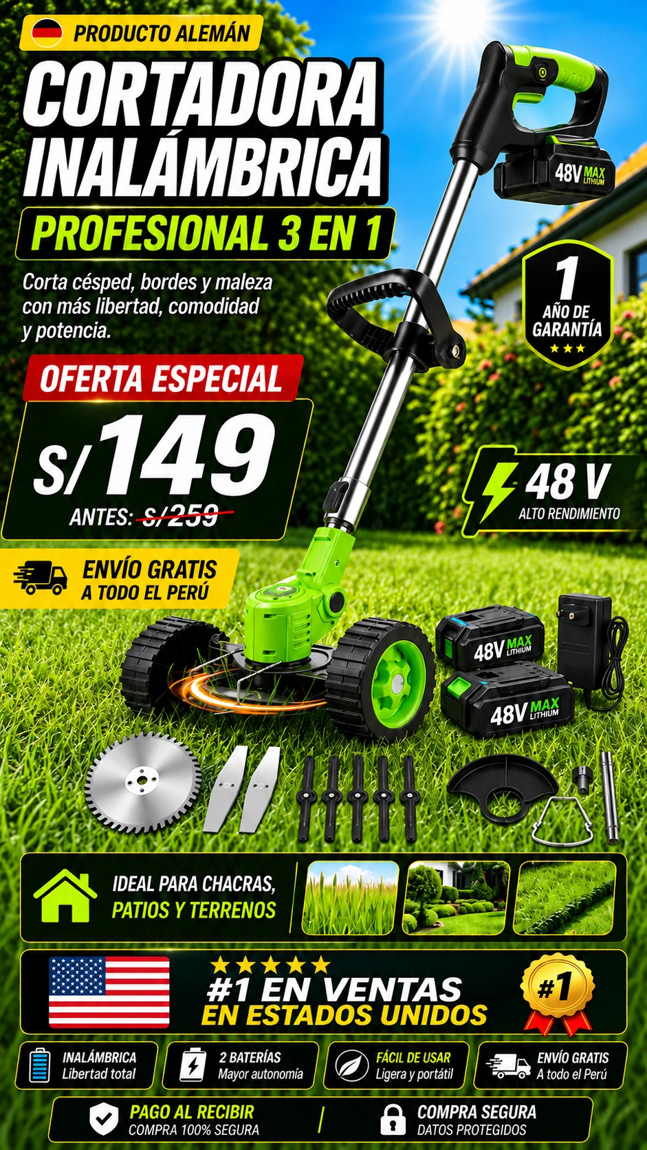 PowerCut 48V™ | Guadaña Inalámbrica Alemana 3 en 1 (2 Baterías)🔥 | Envío GRATIS 🚚